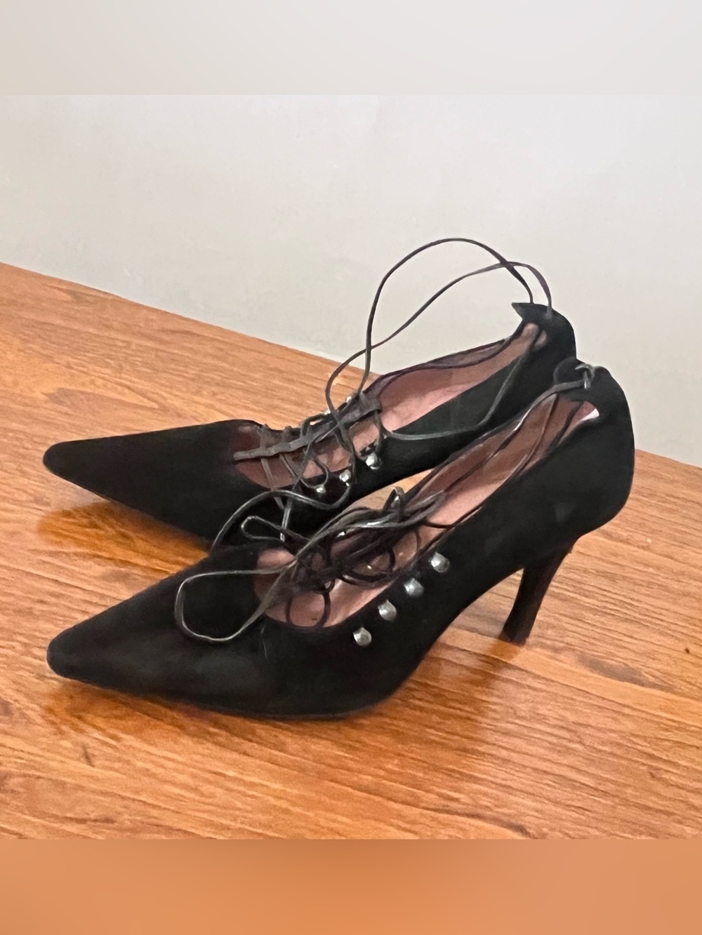 Fratelli Rossetti Black Pointed Lace-Up Studded Heels